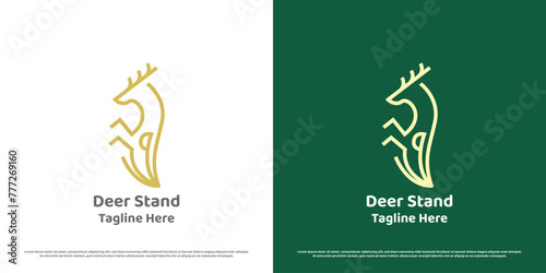 Deer badge logo design illustration. Linear silhouette of standing deer body reindeer elk fawn doe stag hill animal stand badge stamp hunter club. Simple crest modern geometric minimalist icon symbol.