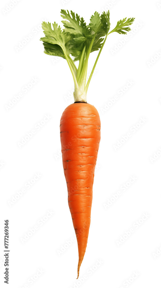 A fresh, orange carrot with green leaves on a neutral background A fresh, orange carrot with green leaves on a neutral background