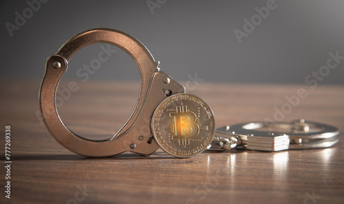 Golden bitcoin and handcuffs. Virtual currency © andranik123