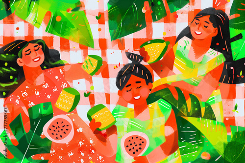 Girls having picnic eating fruits in a park. Colorful creative shapes painting style illustrations. photo