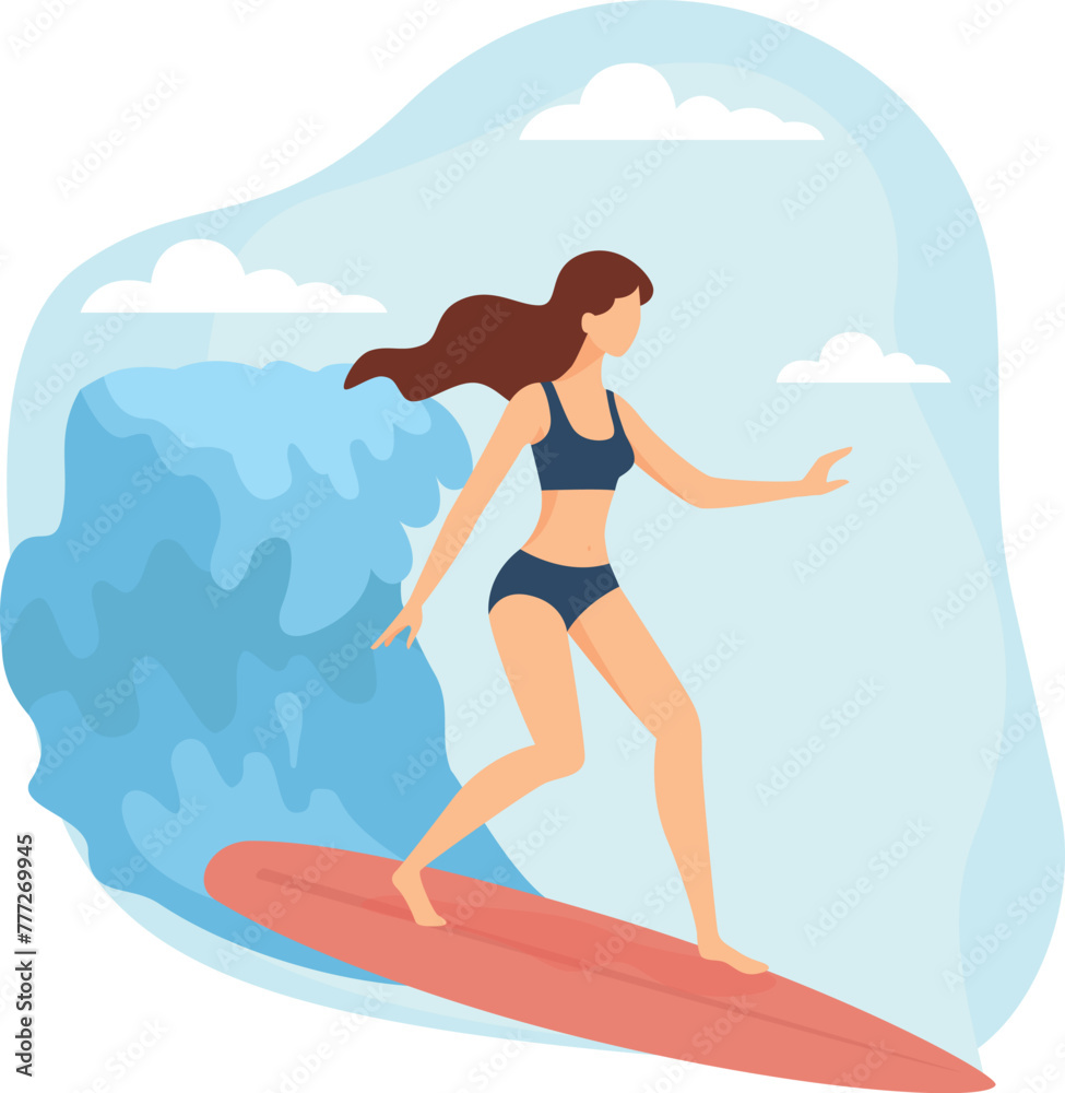 Vector illustration of female surfer on a surfboard. Сoncept of sport outdoors activities in flat style 