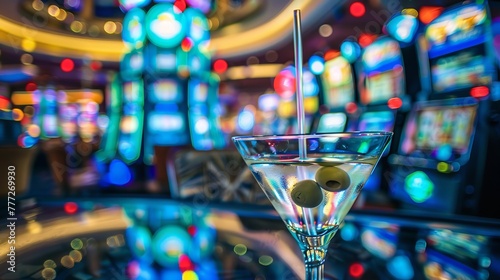 Shot taken from a cinematic vantage point depicting a martini glass with an olive over a casino table with fuzzy slot machines in the setting and space, Generative AI. photo
