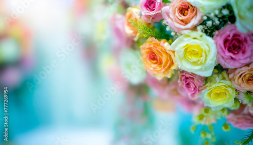 Flowers Wall Background With Amazing Multicolor Roses, Wedding Decoration, Retro Filter Tone.