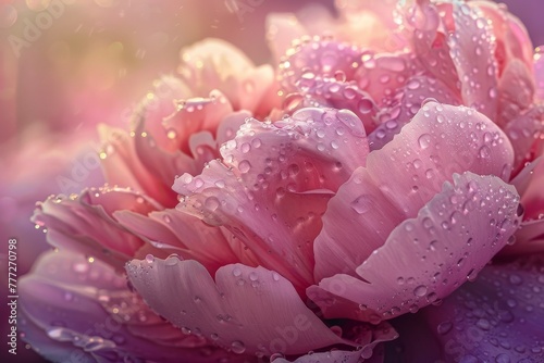 Dawn's Early Light Reveals Dew-Kissed Petals of a Lush Pink Peony in Full Spring Bloom