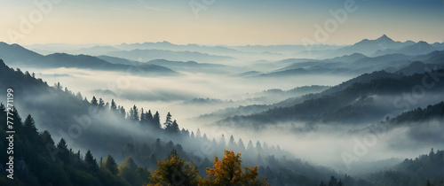 for advertisement and banner as Misty Mountains Evoking the mysterious allure of fog covered mountain landscapes. in Fresh Landscape theme ,Full depth of field, high quality ,include copy space on lef