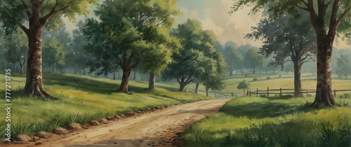 for advertisement and banner as Pastoral Serenity Gentle watercolor strokes depict a serene pastoral landscape. in watercolor landscape theme theme ,Full depth of field, high quality ,include copy spa