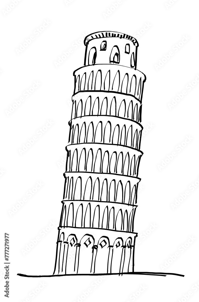 A black and white hand-drawn sketch of the Leaning Tower of Pisa on a white background, reflecting architectural drawing - obrazy, fototapety, plakaty 