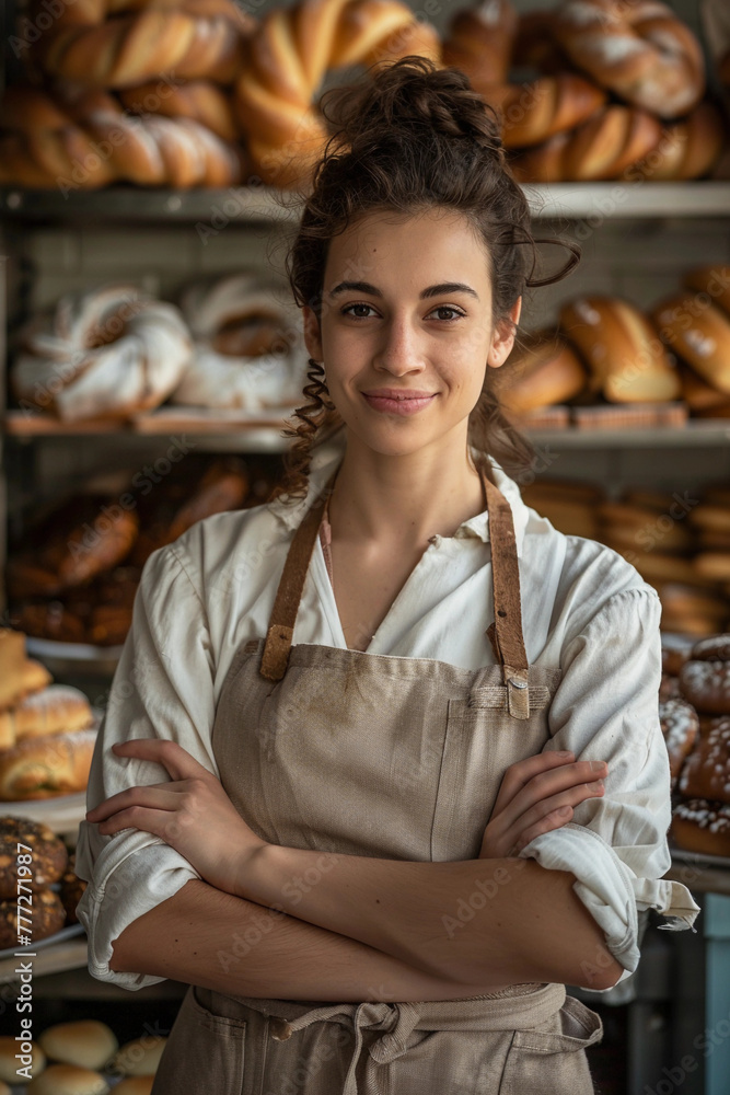 Portrait of joyful young satisfied smiling pastry chef woman wearing uniform with crossed arms working in pastry shop