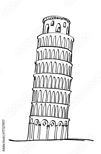A black and white hand-drawn sketch of the Leaning Tower of Pisa on a white background, reflecting architectural drawing © Who is Danny