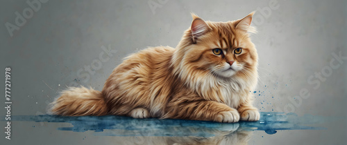 for advertisement and banner as Persian Paws A Persian cat fluffy paws dipped in watercolor puddles. in watercolor pet theme theme  Full depth of field  high quality  include copy space on left  No no