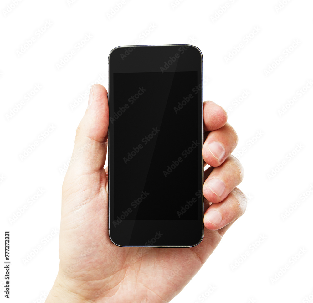 A hand holding a smartphone with a blank black screen, isolated on a white background, suitable for design mockups A hand holding a smartphone with a blank black screen, isolated on a white background, suitable for design mockups