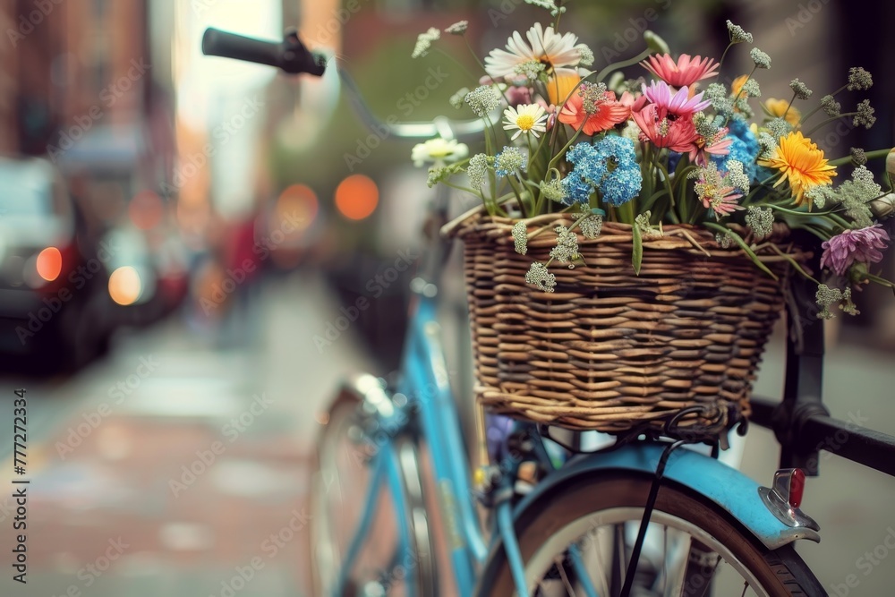 Springtime in the City: A Vibrant Display of Fresh Flowers in a Bike Basket on an Urban Street