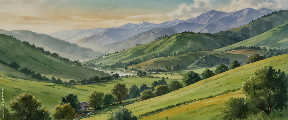 for advertisement and banner as Serene Valley Capture the essence of tranquility with a valley in soft watercolors. in watercolor landscape theme theme ,Full depth of field, high quality ,include copy