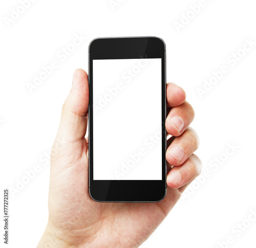 A hand holding a smartphone with a blank white screen, isolated on a white background, concept of technology and communication