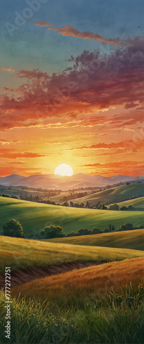 for advertisement and banner as Sunset Vista A sweeping watercolor vista of the sun setting over rolling hills. in watercolor landscape theme theme ,Full depth of field, high quality ,include copy spa