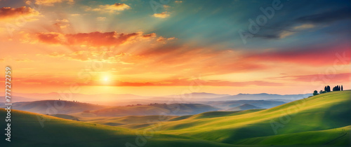 for advertisement and banner as Sunset Vista A sweeping watercolor vista of the sun setting over rolling hills. in watercolor landscape theme theme ,Full depth of field, high quality ,include copy spa © Gohgah