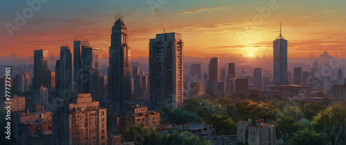 for advertisement and banner as Urban Dawn A cityscape at dawn blending urban structures with morning light. in watercolor landscape theme theme ,Full depth of field, high quality ,include copy space 