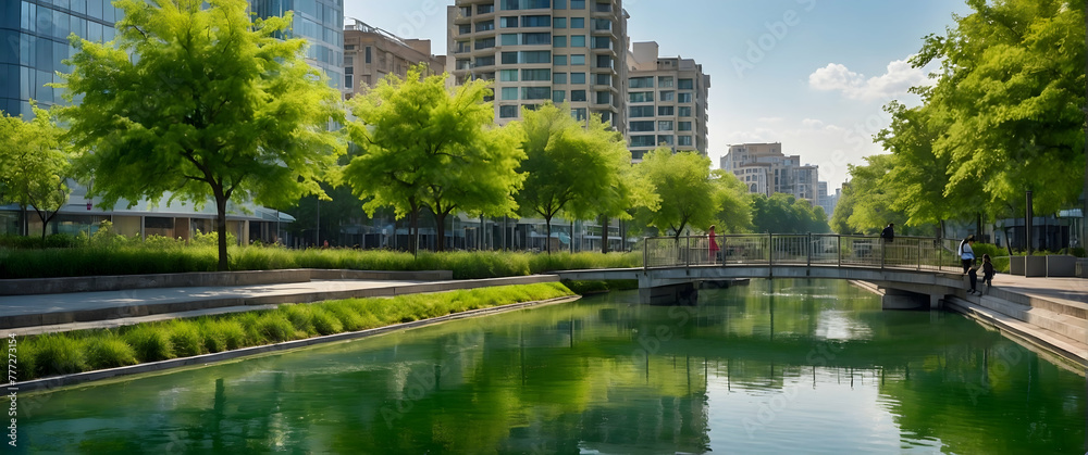 for advertisement and banner as Urban Oasis Highlight the refreshing green spaces within cityscapes. in Global Business  theme ,Full depth of field, high quality ,include copy space on left, No noise,