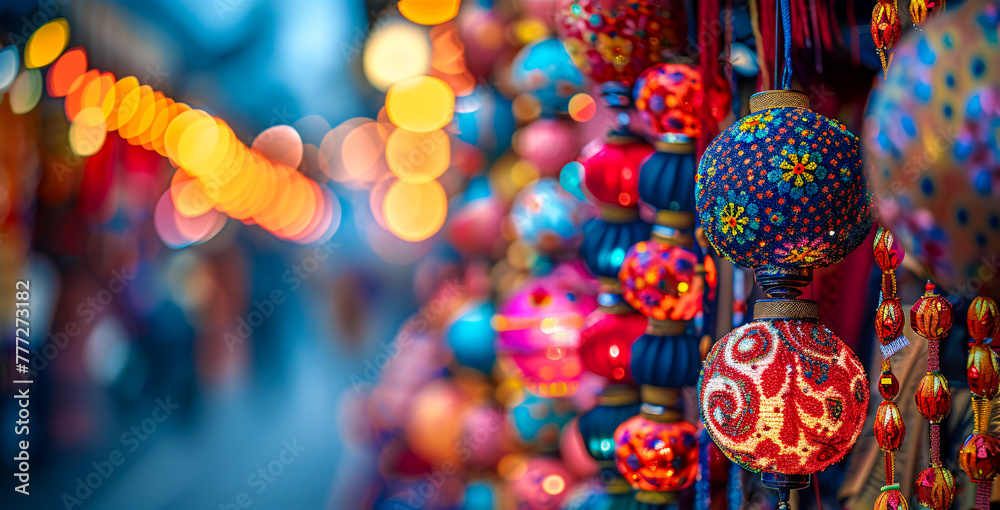 Traditional Turkish lanterns at a market, colorful mosaic design, cultural and festive decoration
