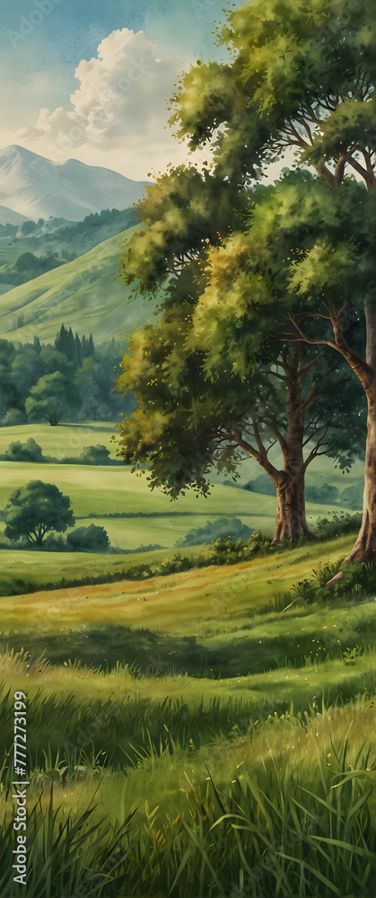 for advertisement and banner as Verdant Meadows Lush green meadows brought to life with vibrant watercolors. in watercolor landscape theme theme ,Full depth of field, high quality ,include copy space 
