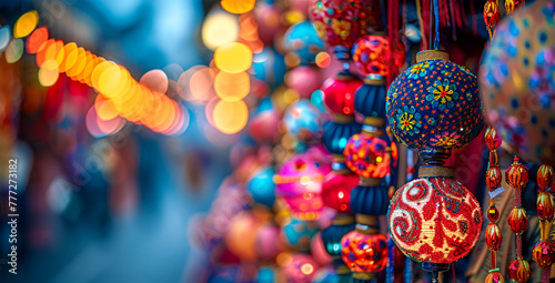 Traditional Turkish lanterns at a market, colorful mosaic design, cultural and festive decoration