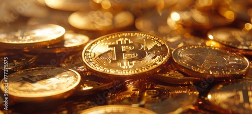bitcoin in the center, a bunch of bitcoins lying on top of a pile of gold coins, 