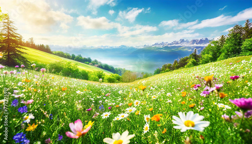 Landscape of meadow with wildflowers and mountains in background, beautiful of a meadow full of wildflowers