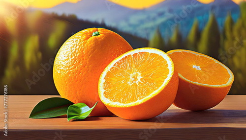 fresh orange fruits with leaves as background, top view.
