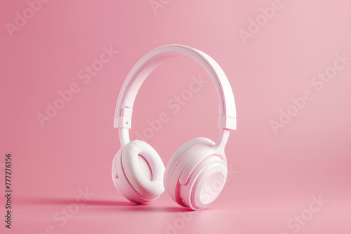 Wireless white headphones background on the pink close up.