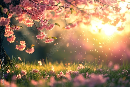 Pink cherry tree blossom flowers blooming in a green grass meadow on a spring  sunrise  natural background