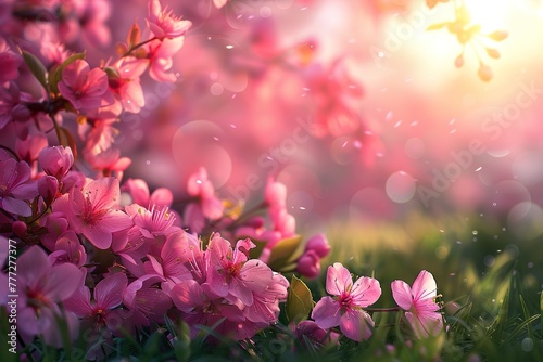 Pink cherry tree blossom flowers blooming in a green grass meadow on a spring sunrise natural background
