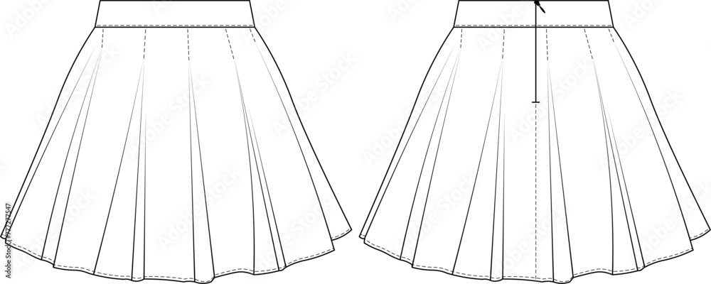 zippered flared mini short denim jean skirt template technical drawing flat sketch cad mockup fashion woman design style model
 - obrazy, fototapety, plakaty 