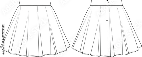 zippered flared mini short denim jean skirt template technical drawing flat sketch cad mockup fashion woman design style model
 photo