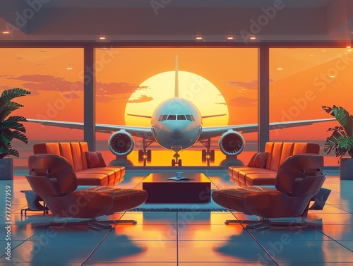 Lounge scene, aircraft and orange sky, frontal view, evening glow , clip art, 8K , high-resolution, ultra HD,up32K HD