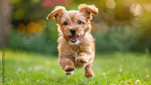 A happy puppy with a funny mouth expression runs on the spring grass photo