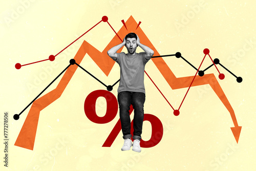 Composite trend artwork sketch image 3D photo collage of huge graphics arrow go down shocked young guy hold hand on head sale low price