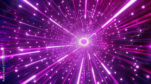 A single 3D rendering with an abstract cosmic background, ultra violet neon rays, glowing lines, a cyber network, a speed of light, and a string of space and time.