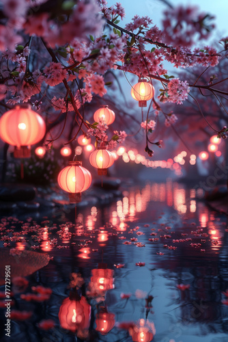 Scenic Beauty, Enchanted cherry blossom grove at night with radiant lanterns.