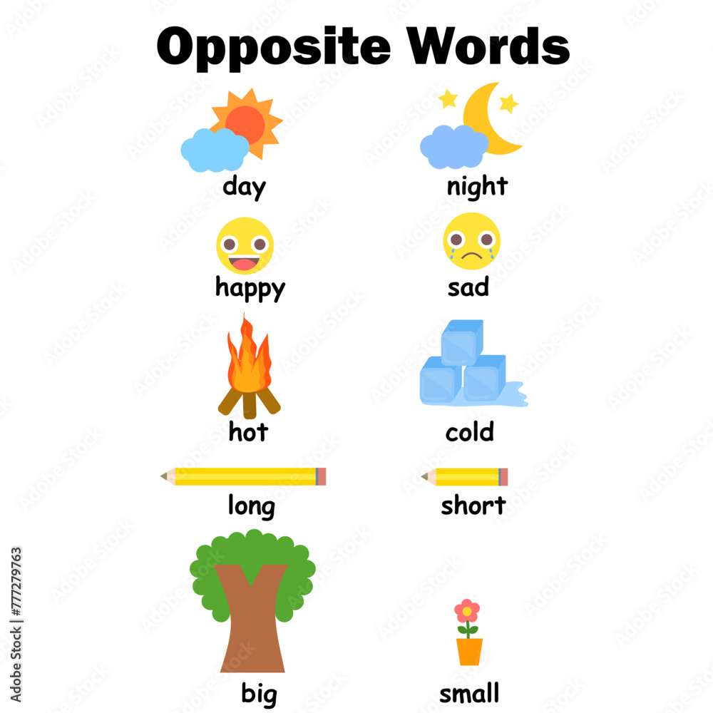 Opposite words.Flash cards.English vocabulary worksheet for kids.Activity for presсhool.Kindergarten.Children educational.Colorful flashcards.Education and learning.Cartoon vector illustration.