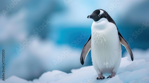 Penguin standing on a beautiful blue iceberg photo