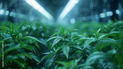 Indoor Cannabis Farm, High-tech marijuana greenhouse with LED lighting.