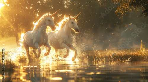 Fantasy Art, Illustration of mythical unicorns in a magical landscape. photo