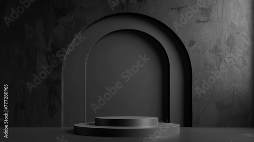 The background is an abstract black frame with an art deco showcase. There is an empty stage podium, vacant pedestal, and round arch. The display stand is tucked into a corner of a shop display area.