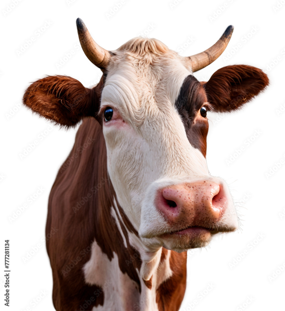 Portrait of a funny cow isolated on transparent background