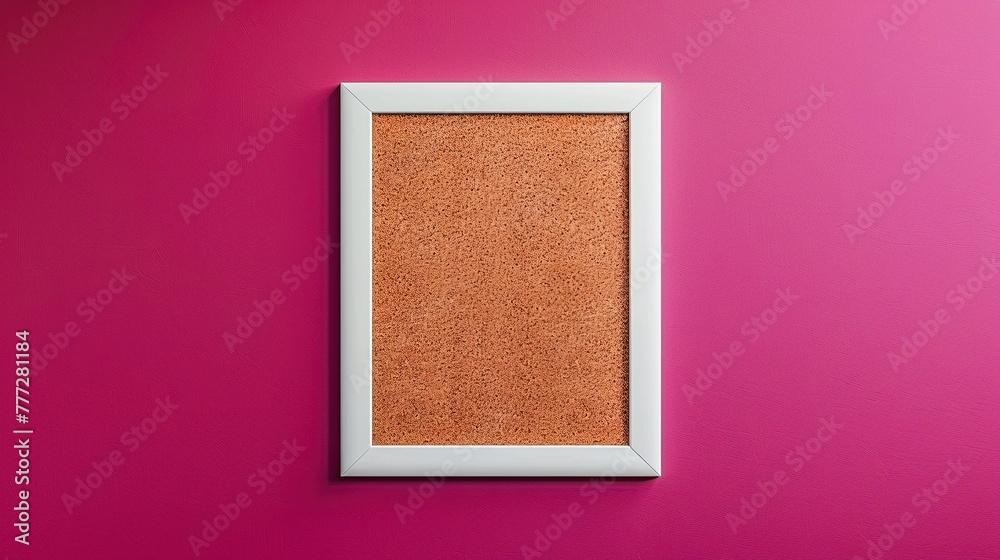 Fototapeta premium Rectangular corkboard with white frame on purple wall for picture mockups or lettering