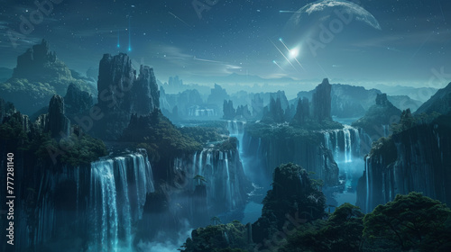 Sci-Fi Landscape, An ethereal sci-fi scene featuring a radiant forest and a city. photo