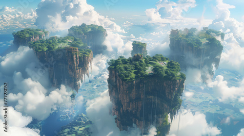 Fantasy Landscape, Adventurers encounter astonishing airborne islands amid vast skies. photo