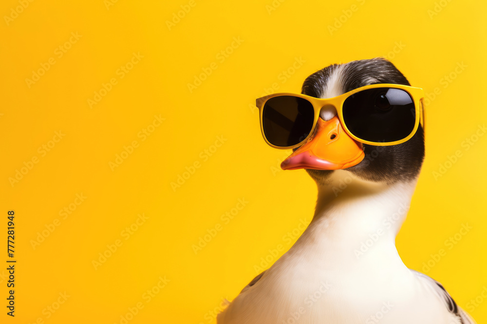 generated illustration of  Cute duck wearing stylish sunglasses on yellow background.