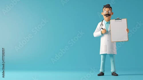 The doctor is stylized as a cartoon character with a clipboard in hand and a blank page mockup of a health checkup concept. The doctor is standing with a clipboard and a blank page mockup. Health