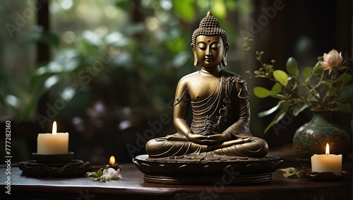 A Buddha statue is depicted in a tranquil setting with lit candles  flowers  and a dimly lit background  invoking a sense of peace and spirituality